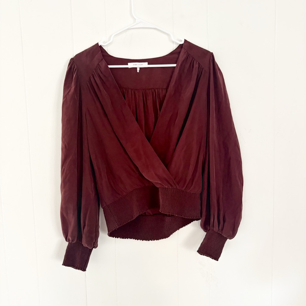 Frame 100% Silk Burgundy Long Sleeve Blouse Size Small Career Professional
